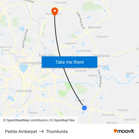 Pedda Amberpet to Thumkunta map