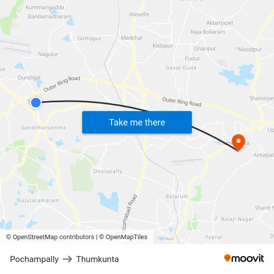 Pochampally to Thumkunta map