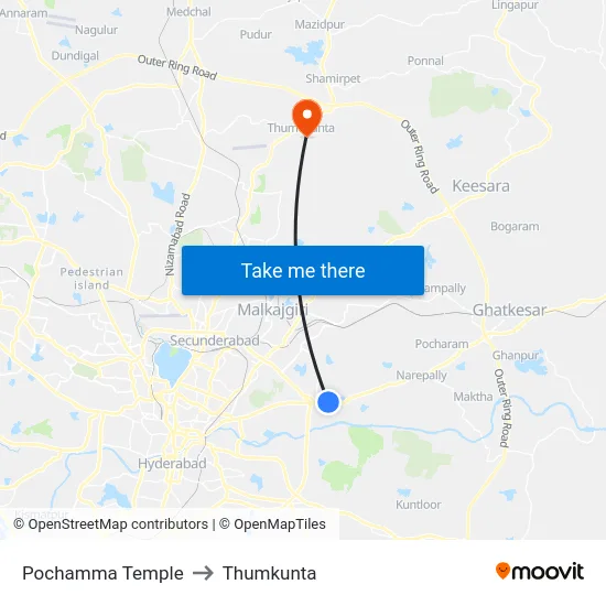 Pochamma Temple to Thumkunta map