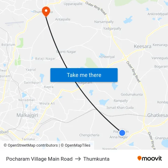Pocharam Village Main Road to Thumkunta map
