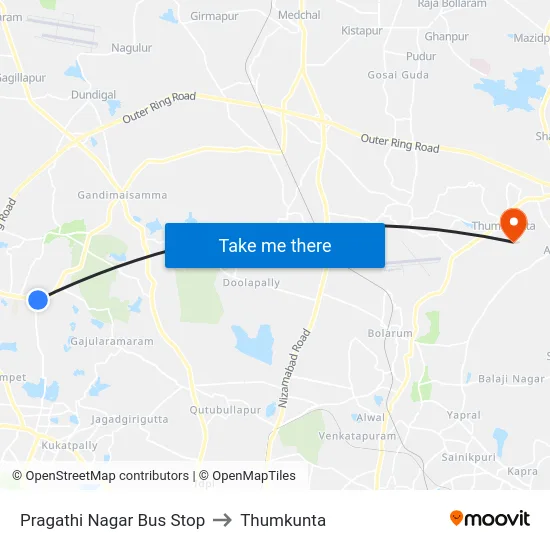 Pragathi Nagar Bus Stop to Thumkunta map