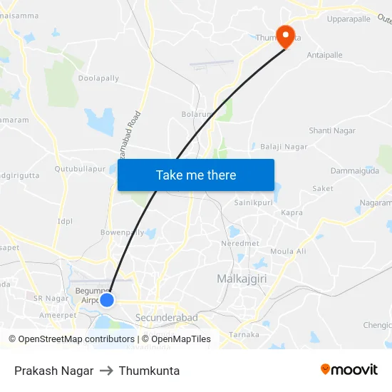 Prakash Nagar to Thumkunta map