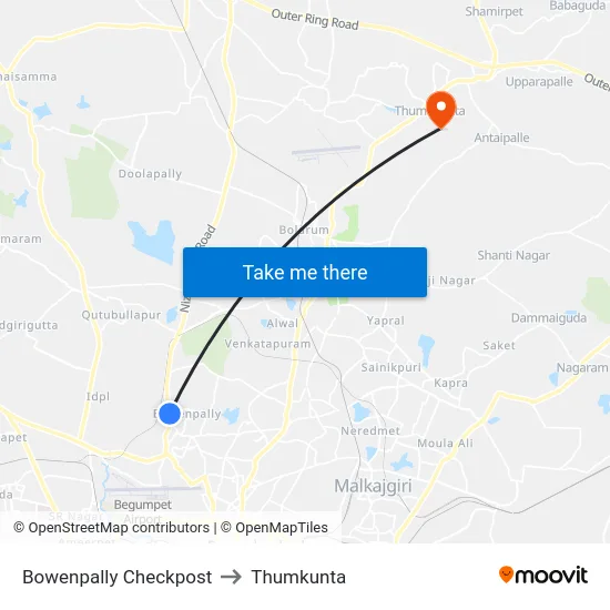 Bowenpally Checkpost to Thumkunta map