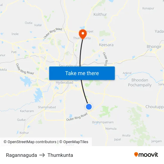 Ragannaguda to Thumkunta map
