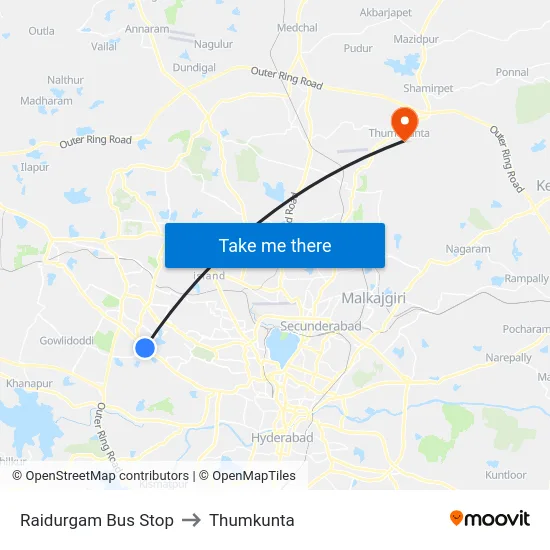 Raidurgam Bus Stop to Thumkunta map