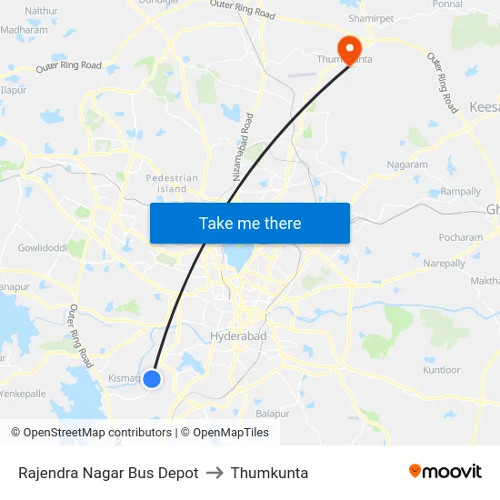 Rajendra Nagar Bus Depot to Thumkunta map