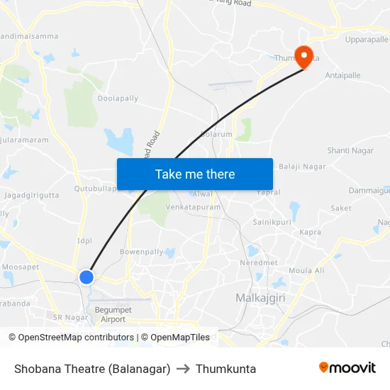 Shobana Theatre (Balanagar) to Thumkunta map