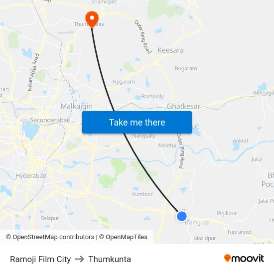 Ramoji Film City to Thumkunta map