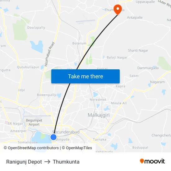 Ranigunj Depot to Thumkunta map