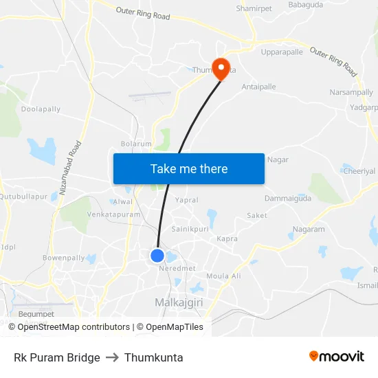 Rk Puram Bridge to Thumkunta map
