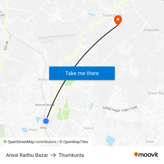 Alwal Raithu Bazar to Thumkunta map