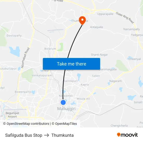 Safilguda Bus Stop to Thumkunta map