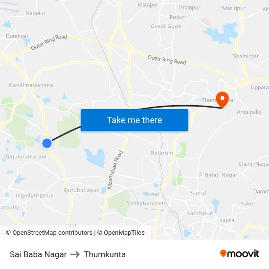 Sai Baba Nagar to Thumkunta map