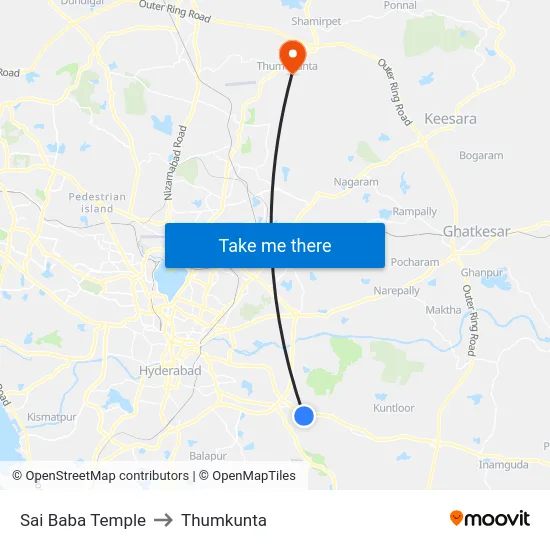 Sai Baba Temple to Thumkunta map