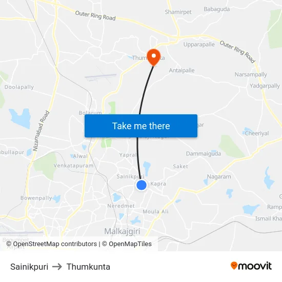 Sainikpuri to Thumkunta map