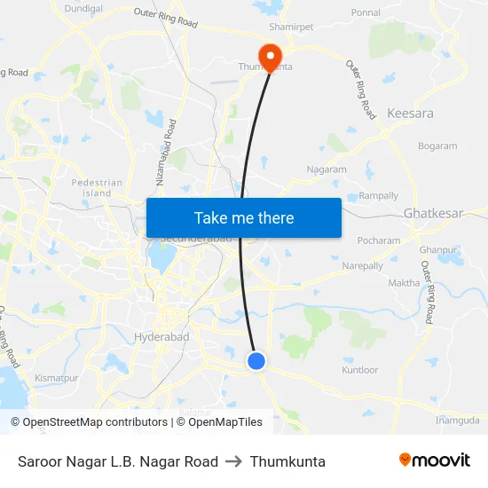 Saroor Nagar L.B. Nagar Road to Thumkunta map