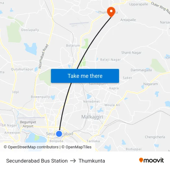 Secunderabad Bus Station to Thumkunta map