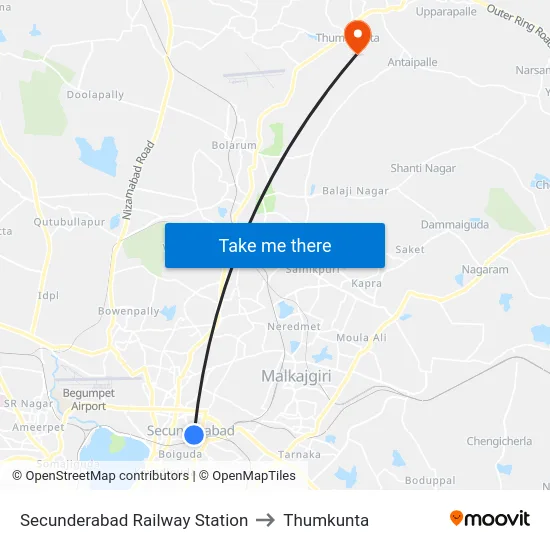 Secunderabad Railway Station to Thumkunta map