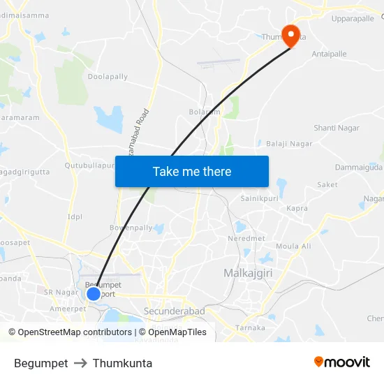 Begumpet to Thumkunta map