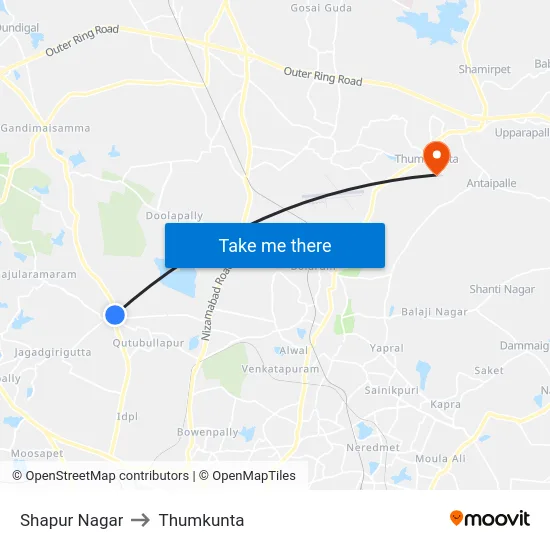 Shapur Nagar to Thumkunta map