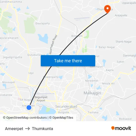 Ameerpet to Thumkunta map