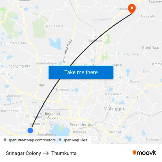 Srinagar Colony to Thumkunta map