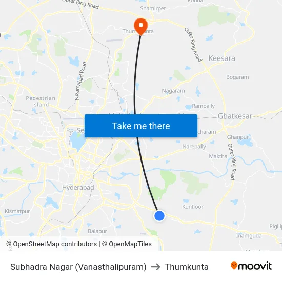 Subhadra Nagar (Vanasthalipuram) to Thumkunta map