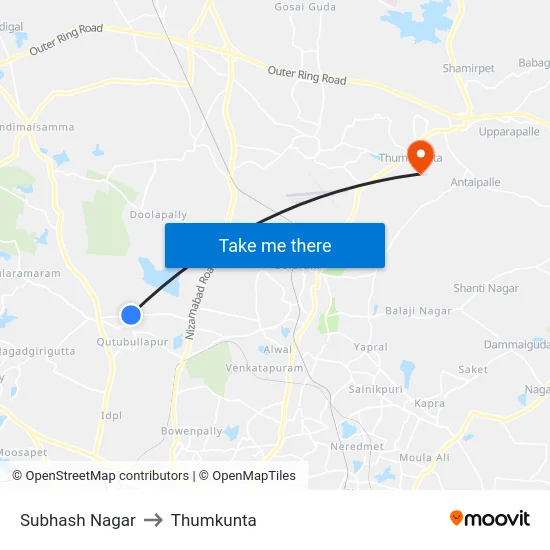 Subhash Nagar to Thumkunta map
