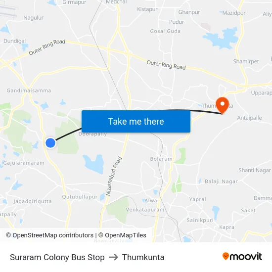 Suraram Colony Bus Stop to Thumkunta map