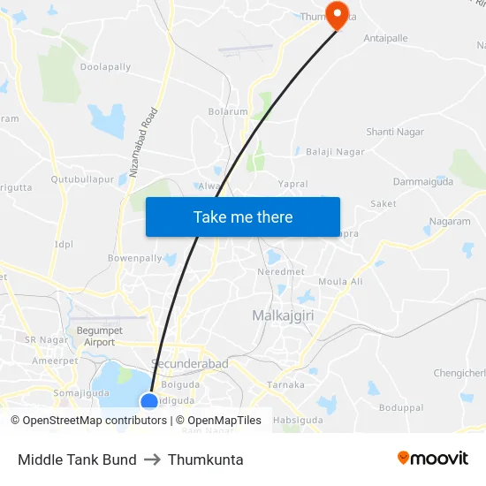 Middle Tank Bund to Thumkunta map
