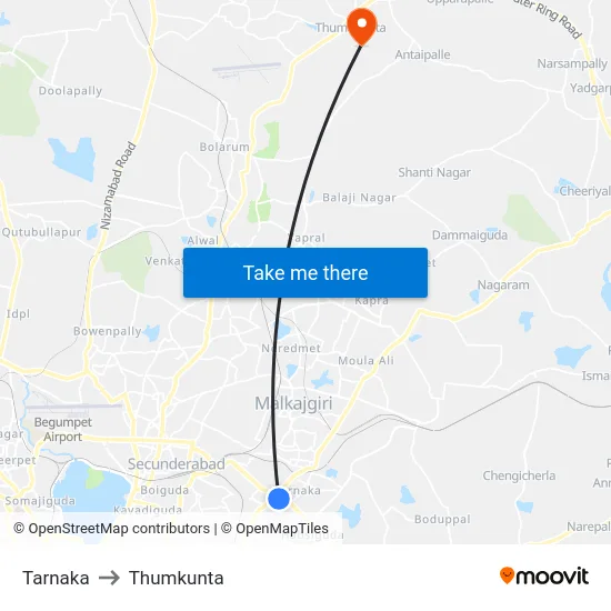 Tarnaka to Thumkunta map