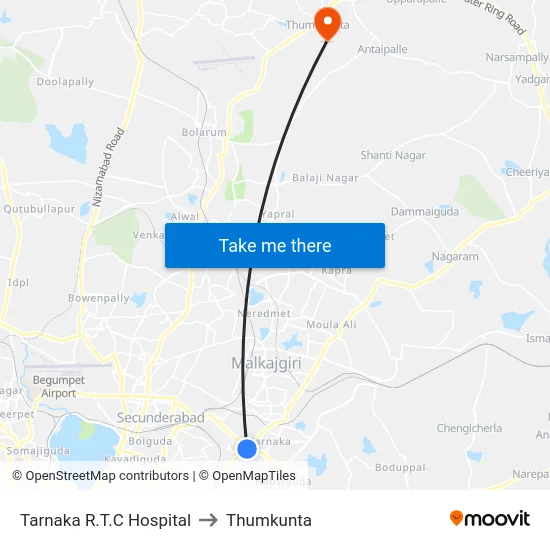 Tarnaka R.T.C Hospital to Thumkunta map
