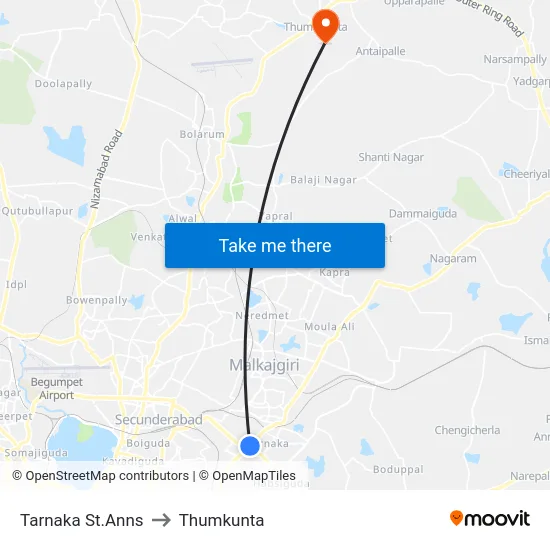 Tarnaka St.Anns to Thumkunta map