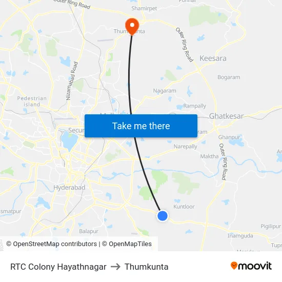 RTC Colony Hayathnagar to Thumkunta map