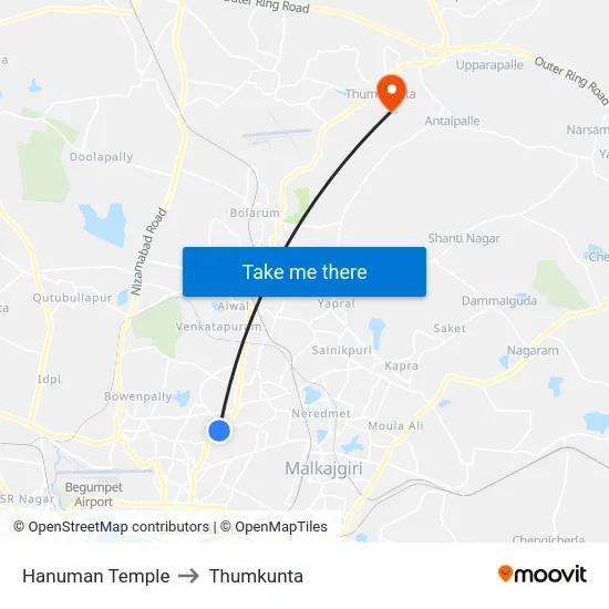 Hanuman Temple to Thumkunta map