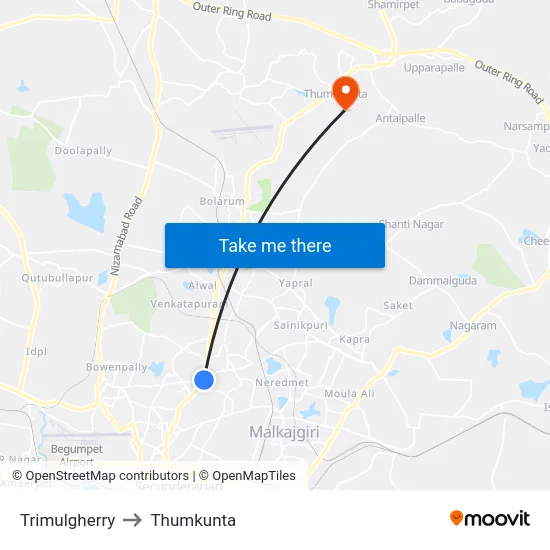 Trimulgherry to Thumkunta map