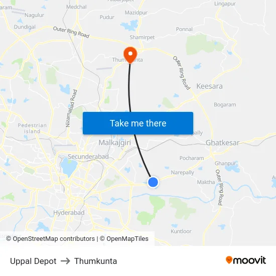 Uppal Depot to Thumkunta map