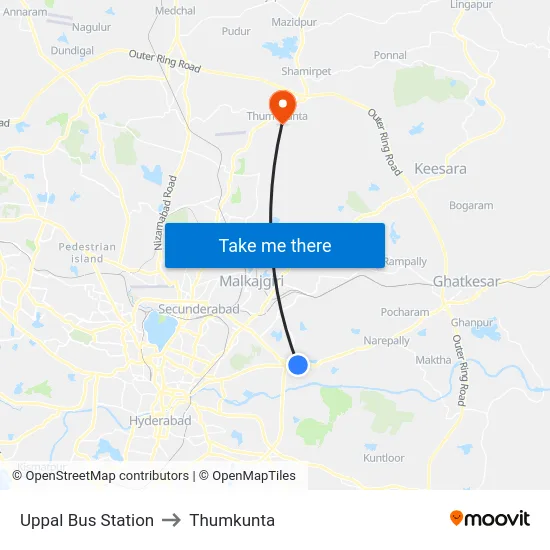 Uppal Bus Station to Thumkunta map