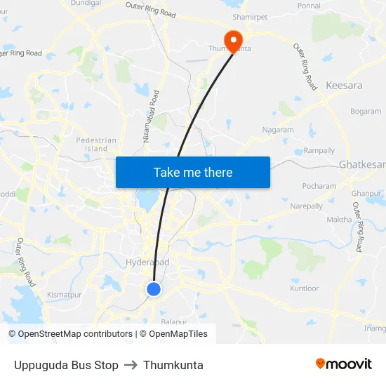 Uppuguda Bus Stop to Thumkunta map