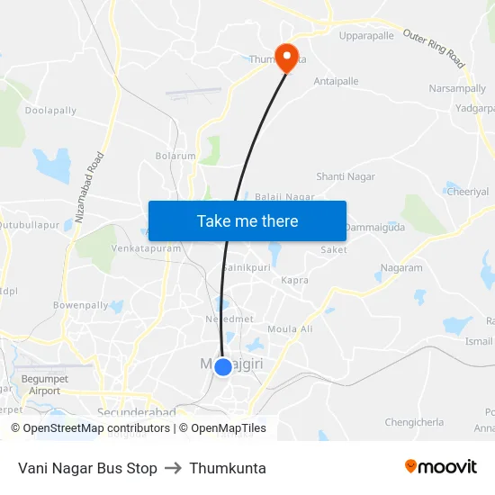 Vani Nagar Bus Stop to Thumkunta map