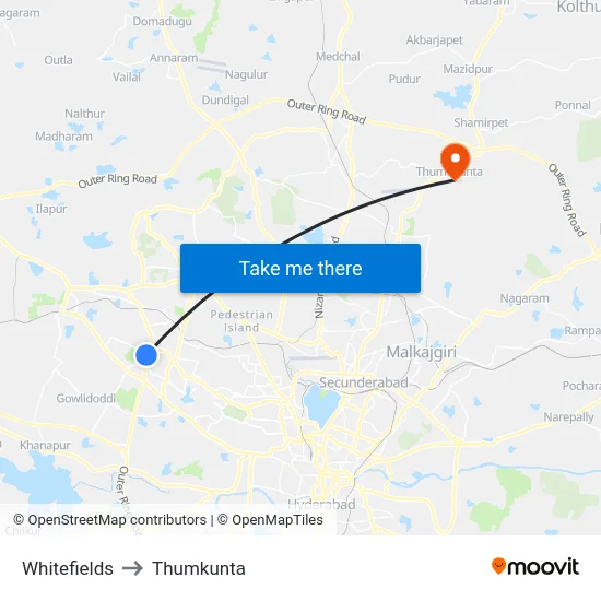 Whitefields to Thumkunta map