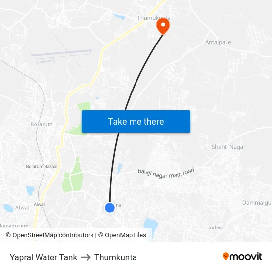 Yapral Water Tank to Thumkunta map