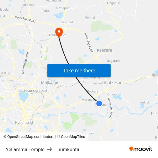 Yellamma Temple to Thumkunta map
