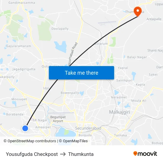 Yousufguda Checkpost to Thumkunta map