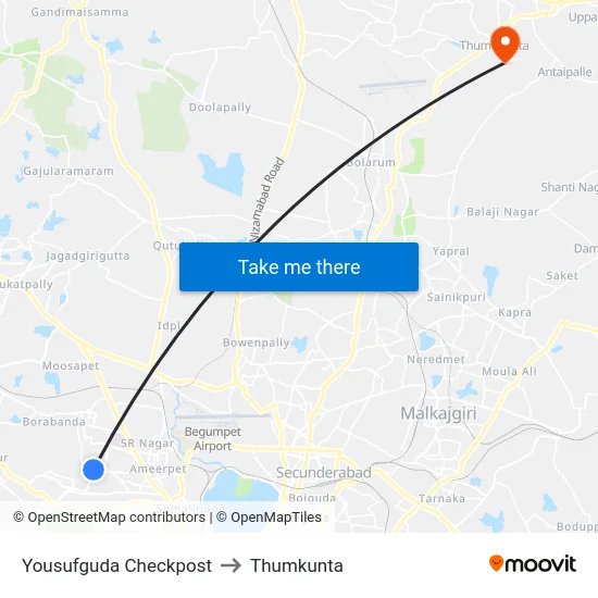 Yousufguda Checkpost to Thumkunta map