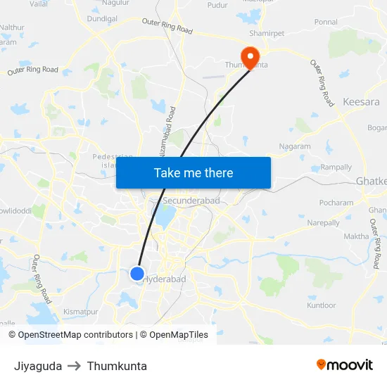 Jiyaguda to Thumkunta map