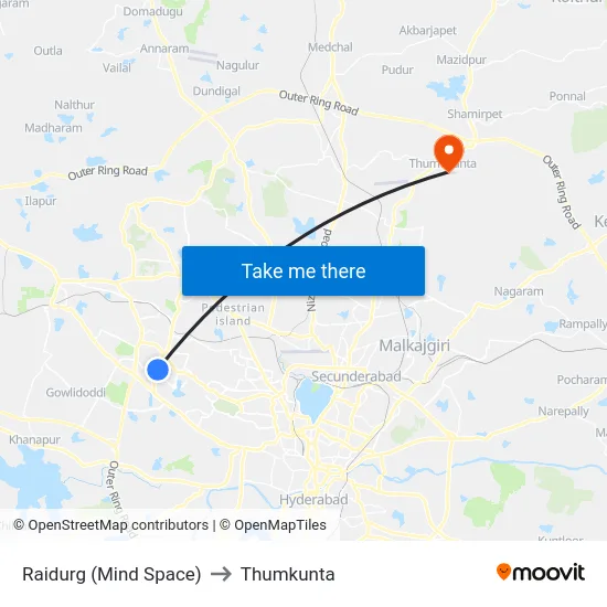 Raidurg (Mind Space) to Thumkunta map