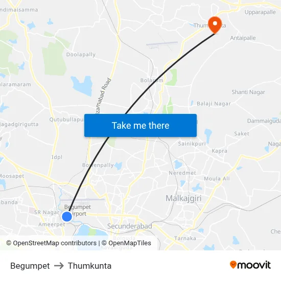 Begumpet to Thumkunta map