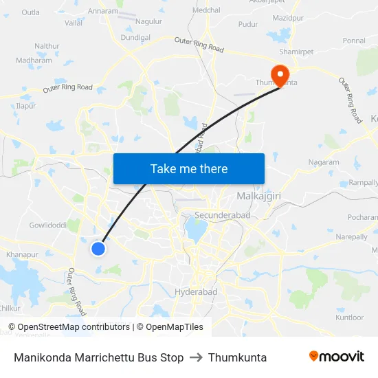 Manikonda Marrichettu Bus Stop to Thumkunta map