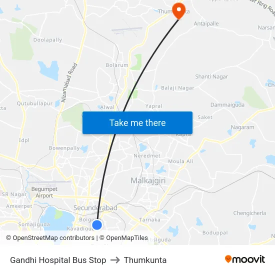Gandhi Hospital Bus Stop to Thumkunta map